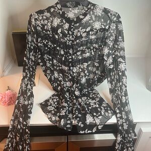 Black and White Ruffled Blouse with Mandarin Collar
